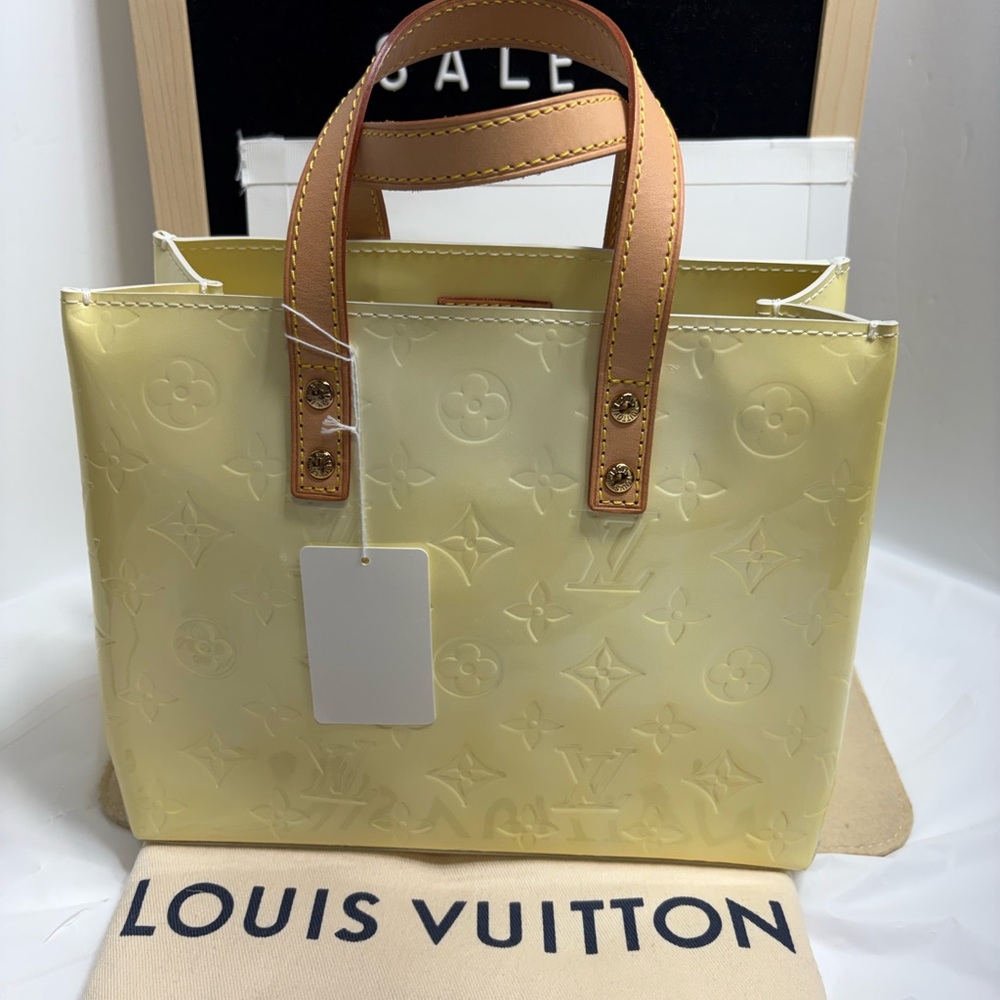 Louis Vuitton Pale Yellow Vernis Tote with Tan Handles